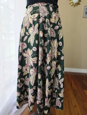 Vintage Forest Green Floral Paisley Midi Skirt Pleated Rayon Herman Geist Sz 6